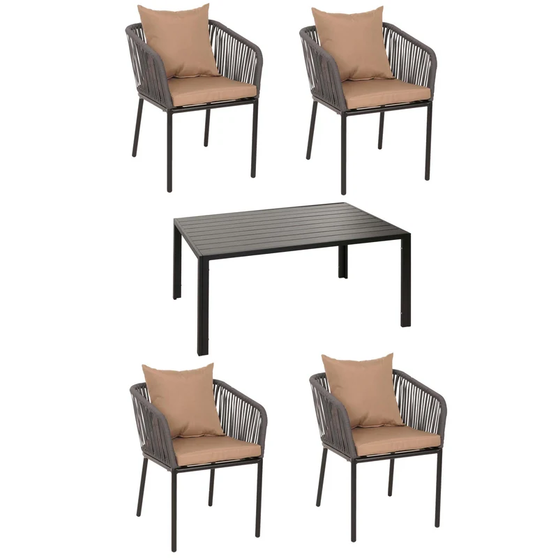 Salon de jardin table 140x80 cm + 4 chaises en aluminium corde tressée anthracite coussins taupe 04_0010085