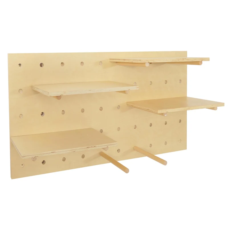 Panneau mural modulable étagère murale perforée 4 tablettes réglables 100 x 50 cm en bois naturel 04_0009084