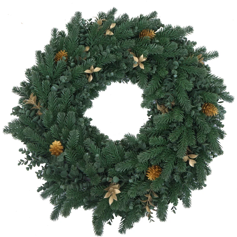 Couronne décorative artificielle Ø 60 cm effet sapin avec pommes de pin dorées 4 supports pour bougies LED 04_0009150