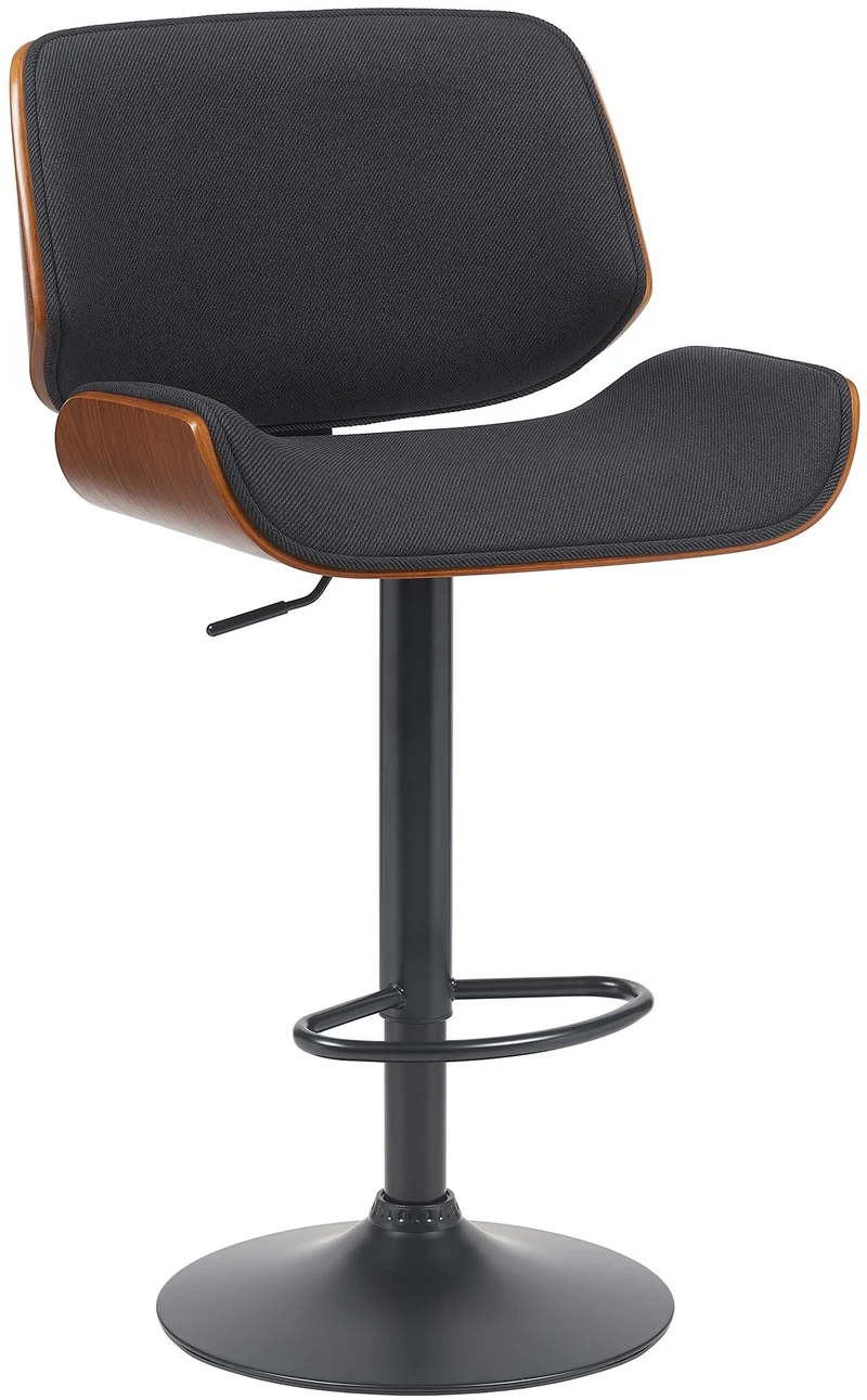 Tabouret de bar x1 style moderne rétro en tissu noir assise en bois courbé couleur noyer cadre métal noir 10_0005918