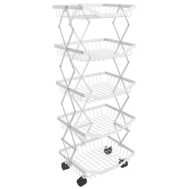 Etagère de cuisine chariot de cuisine sur roulettes étagère sur pied avec panier pliable et mobile 95 × 39 × 28 cm en métal blanc 04_0009543