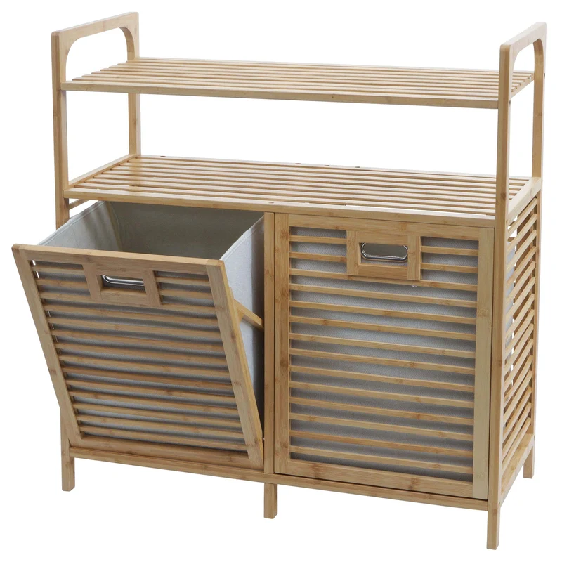 Meuble de salle de bain avec deux paniers à linge et deux étagères 88 x 81 x 33 cm en bambou naturel 04_0009760