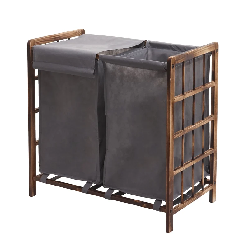 Panier à linge avec 2 compartiments moderne 60 x 60 x 33 cm rangement pratique en bois marron et tissu gris 04_0010648
