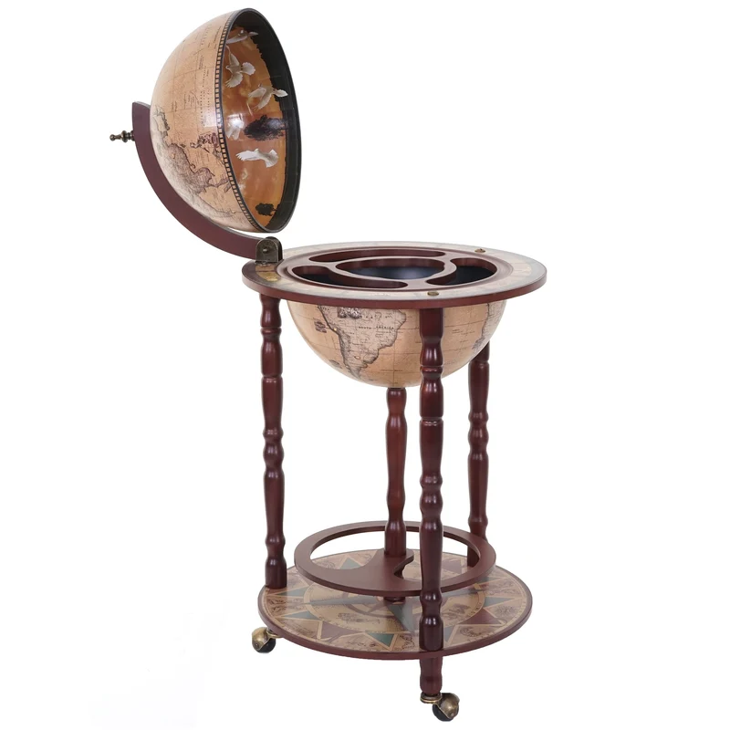 Minibar globe antique décoratif 89 x 45 x 45 cm avec roulettes pratique moderne en eucalytpus marron 04_0011139