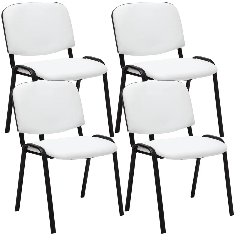 Lot de 4 chaises visiteur empilable zone d'attente en PVC blanc piètement à 4 pieds en métal noir 10_0003189