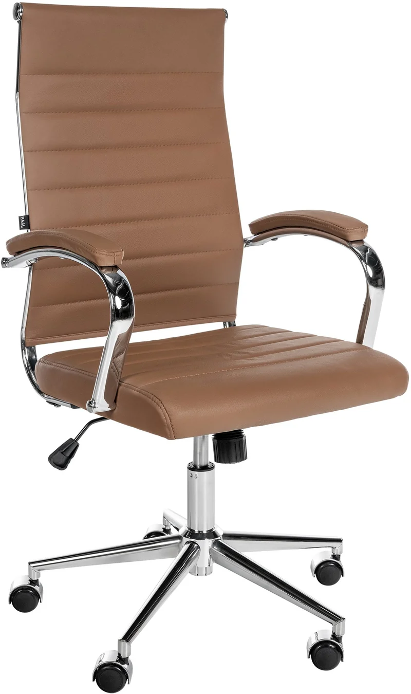 Fauteuil de bureau en cuir véritable marron clair surpiqûre horizontale et pieds métal chromé 10_0002556
