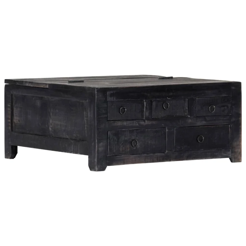 Table basse design vintage industriel carrée en bois de manguier massif noir 5 tiroirs et plateau relevable DEC039726