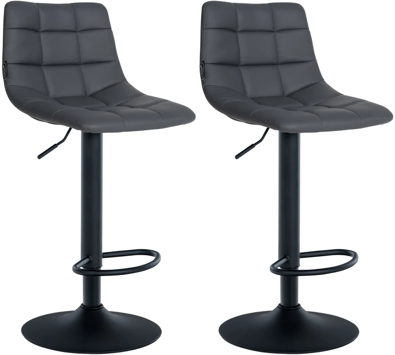Lot de 2 tabourets de bar en synthétique gris base métal noir mat réglable en hauteur et repose-pieds TDB10636
