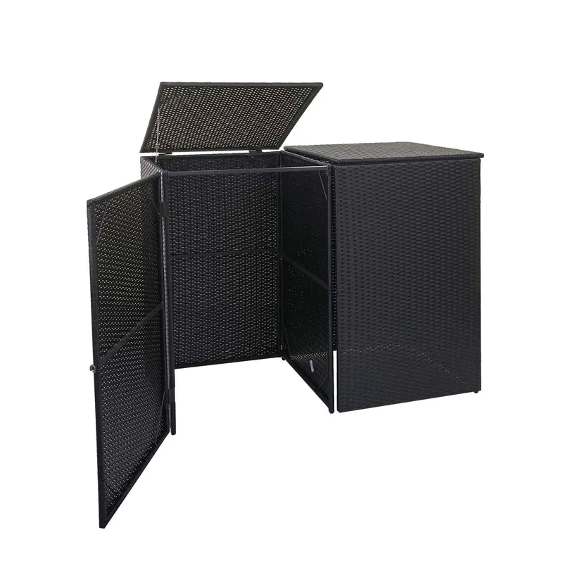 Abri de poubelles extérieur conteneurs à ordures avec couvercle jusqu'à 2 bacs en polyrotin 2x120l noir 04_0001208