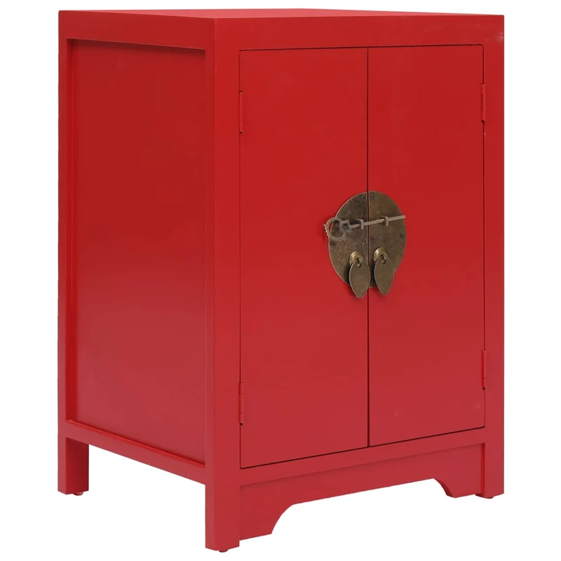 Table de chevet asiatique rouge avec 2 portes – 38 x 28 x 52 cm Meuble d’appoint style chinois – Bois Paulownia et MDF DEC034570