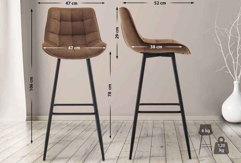 Tabouret de bar x1 coutures décoratives carrées avec repose-pieds en velours marron quatre pieds en métal 10_0006513