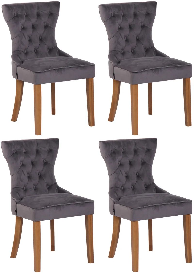 Lot de 4 chaises de salle à manger style Chesterfield dossier capitonné en velours gris foncé et pieds en bois clair 10_0008628