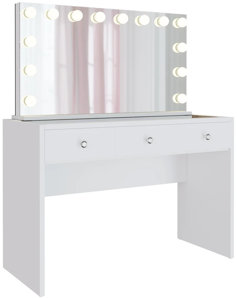 Coiffeuse avec miroir LED – 3 tiroirs avec plateau en verre ports USB A & C – en bois blanc 10_0008626