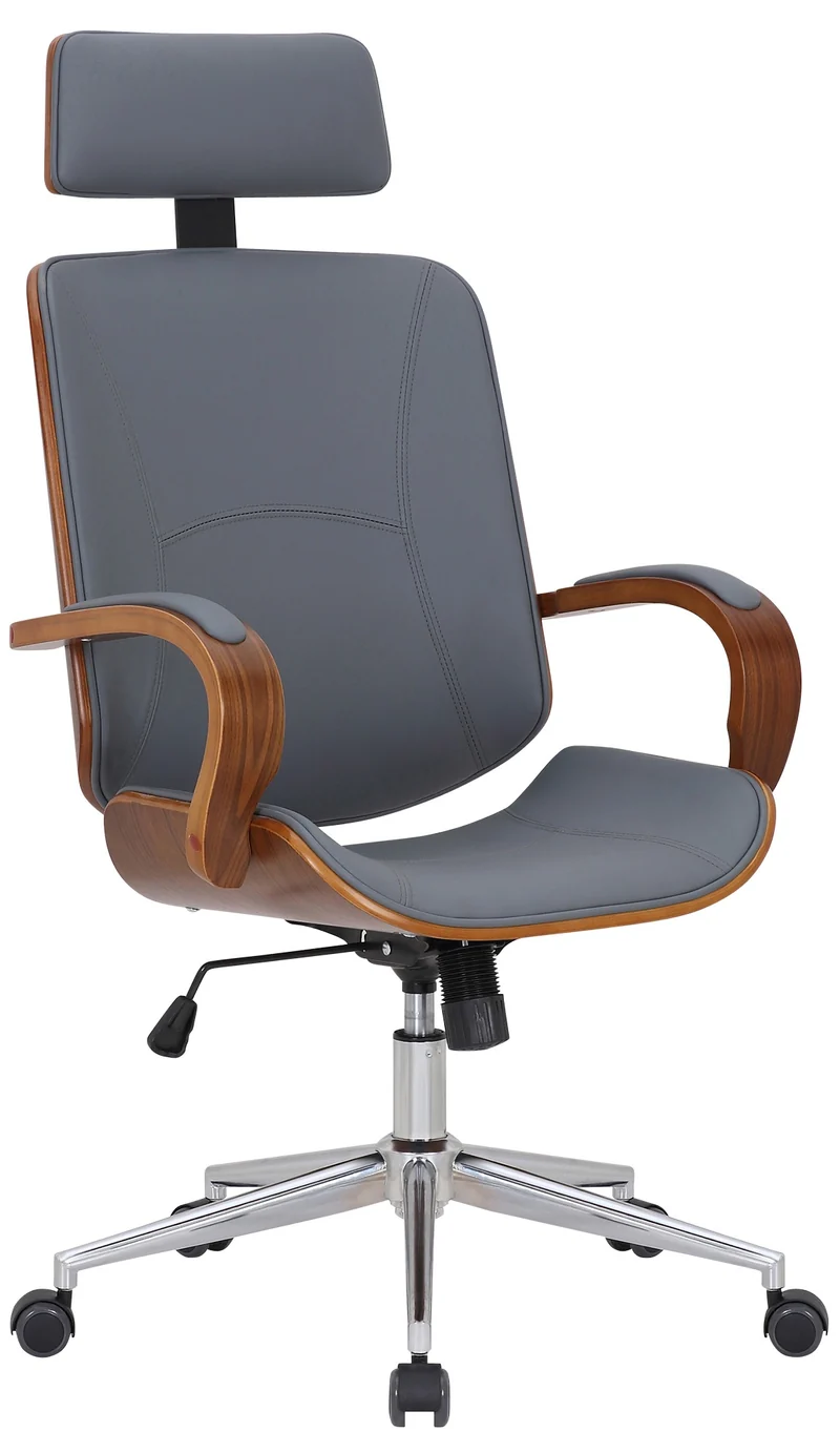 Fauteuil de bureau rétro-chic – Confort et style intemporel assise en PVC gris cadre en métal et bois couleur noyer 10_0007044