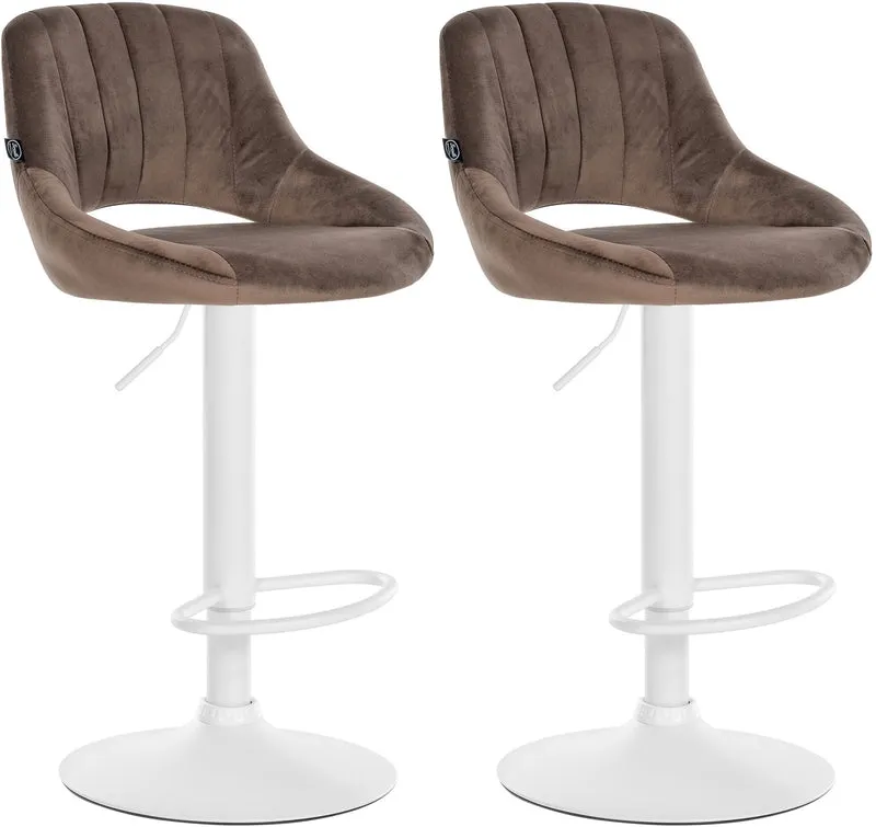 Lot de 2 tabourets de bar réglables en velours marron dossier ajouré et pied métal blanc 10_0005586