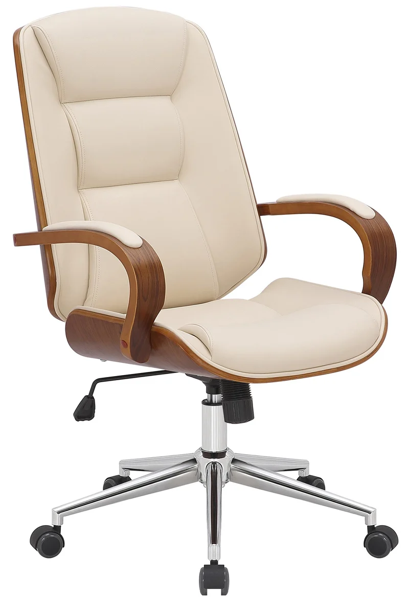Fauteuil de bureau avec accoudoirs hauteur réglable en similicuir crème structure en bois courbé et métal 10_0007034