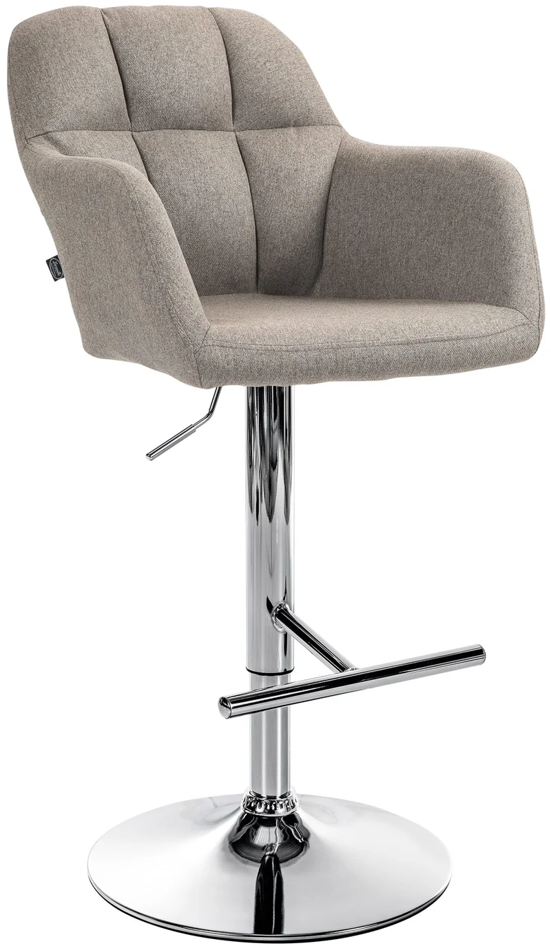 Tabouret de bar chaise haute x1 fonction rotation 360° en tissu taupe avec coutures décoratives piètement métal chromé 10_0005273