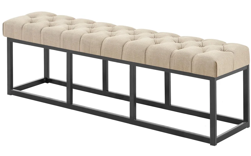 Banc capitonné rembourré 150 cm tissu taupe avec structure métal noir design contemporain 10_0008629