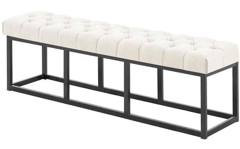 Banc capitonné rembourré 150 cm tissu crème avec structure métal noir design contemporain 10_0008386