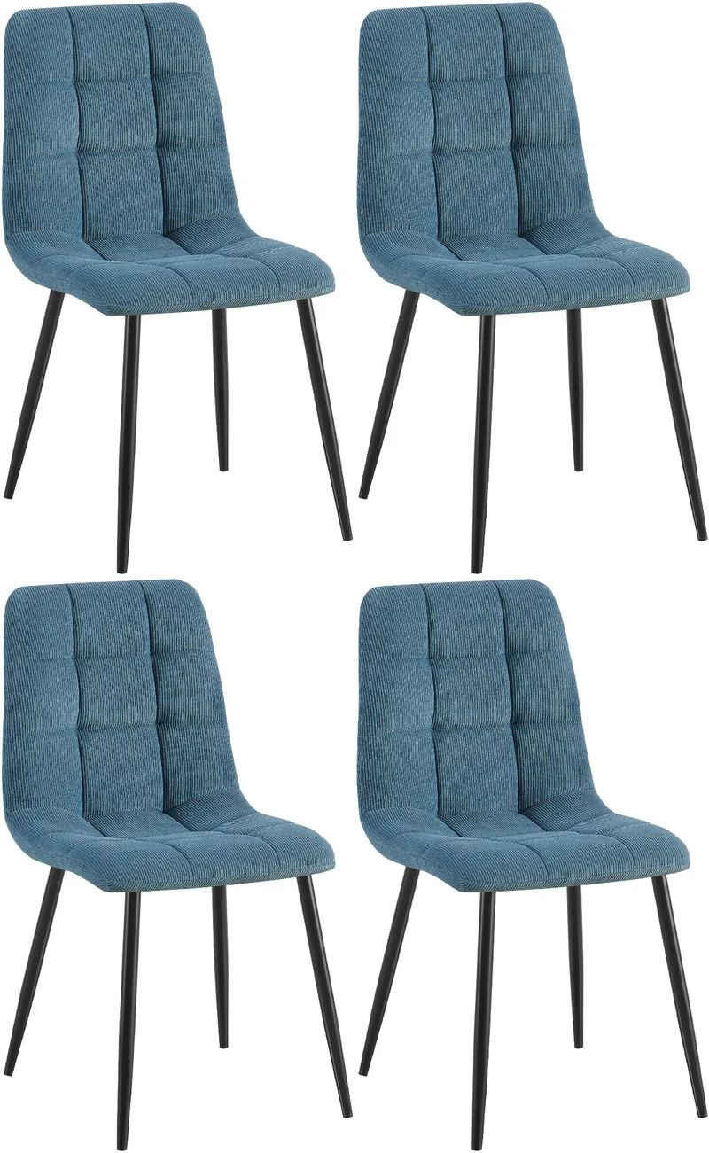Lot de 2 chaises de salle à manger design en velours côtelé bleu à coutures carrées – Pieds métal noirs 10_0007784