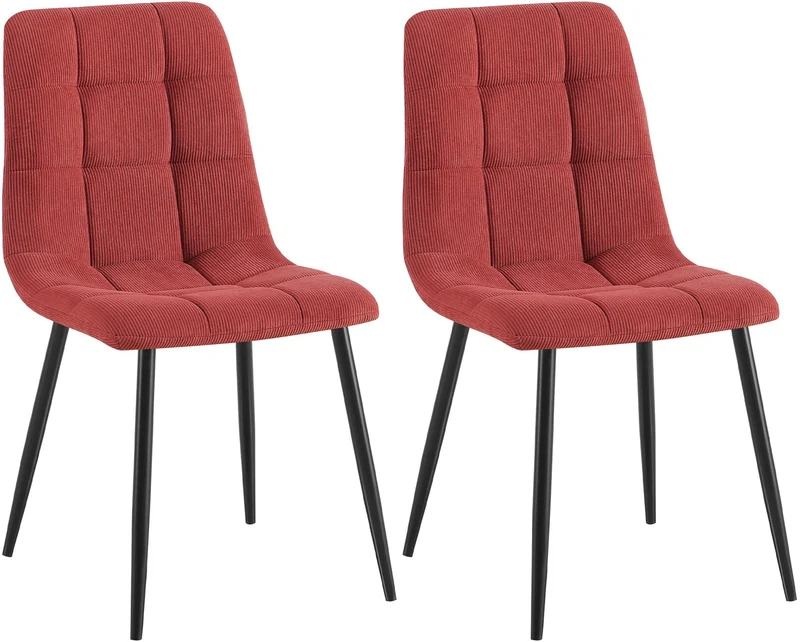Lot de 2 chaises de salle à manger design en velours côtelé bordeaux à coutures carrées – Pieds métal noirs 10_0007615