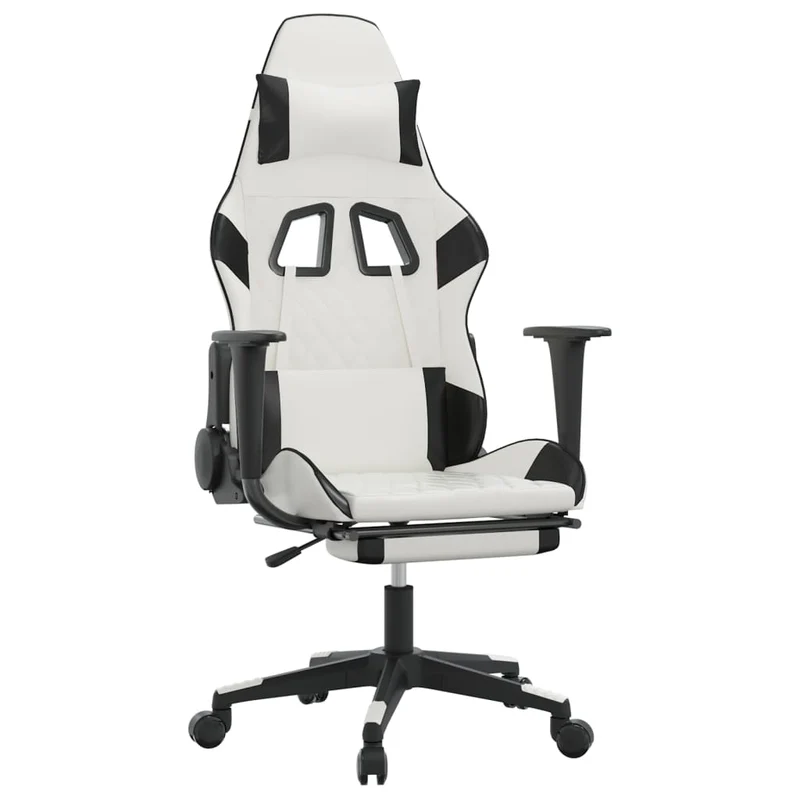 Fauteuil de bureau chaise gaming fonction de massage avec coussin lombaire avec repose-pieds en PVC blanc et noir DEC025828