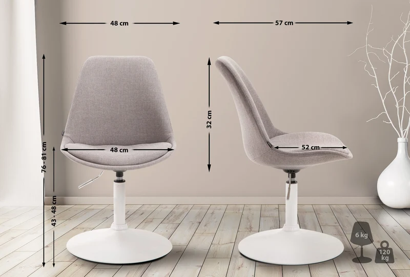 Chaise de salle à manger x1 pivotante hauteur réglable en tissu gris et pied trompette en métal blanc 10_0008279