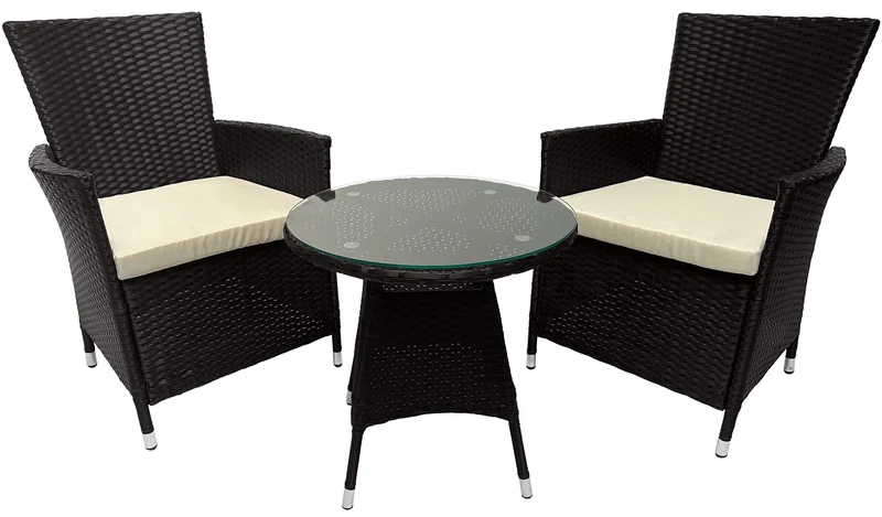 Ensemble de jardin extérieur 3 pièces – 2 fauteuils résine tressée marron foncé et table ronde en verre 10_0007922