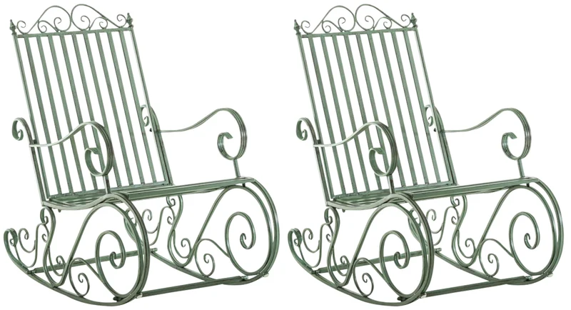Lot de 2 fauteuils à bascule pour extérieur avec accoudoirs en métal vert vieilli 10_0007919