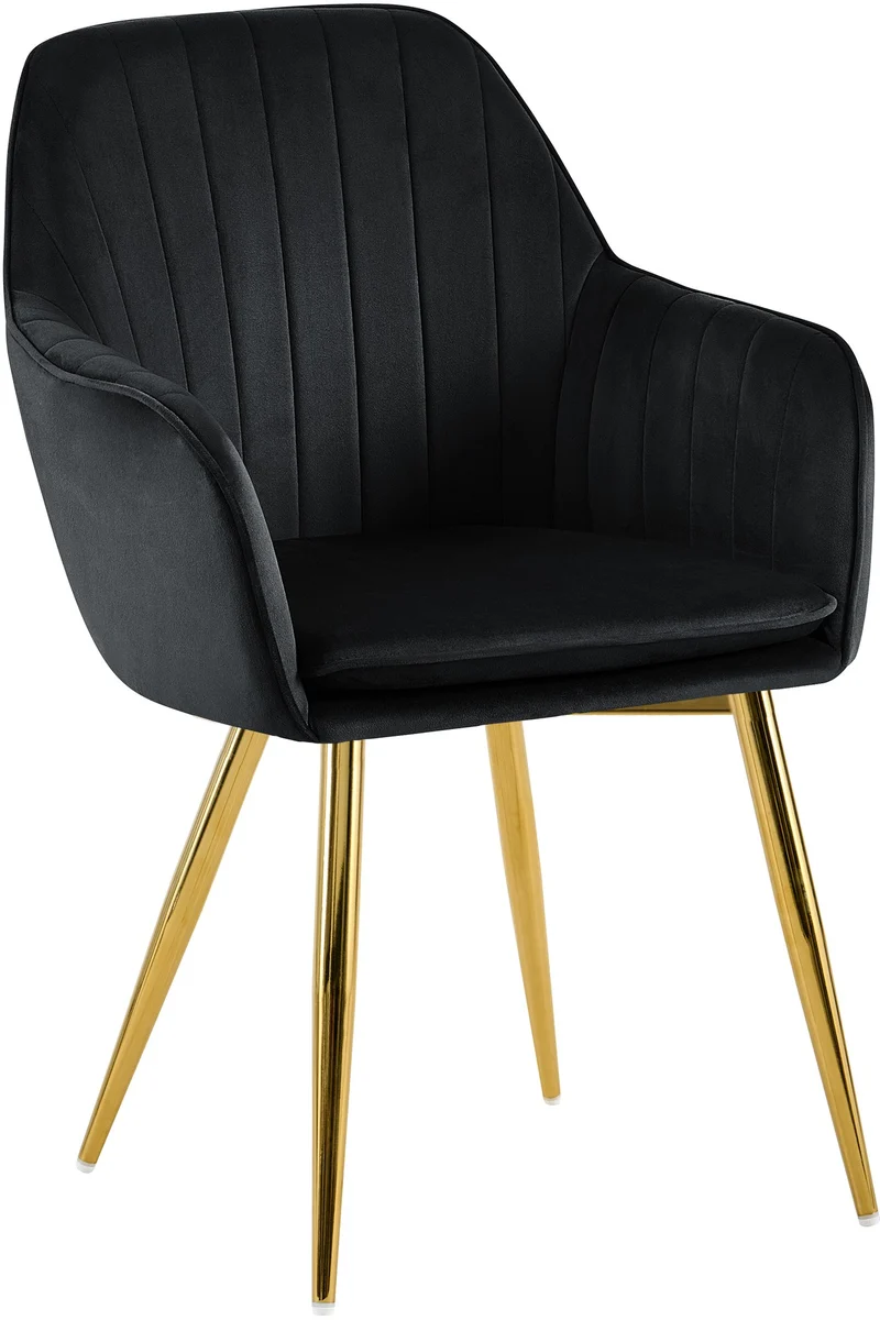 Fauteuil élégant en velours noir avec coutures verticales et pieds métal dorés 10_0007455