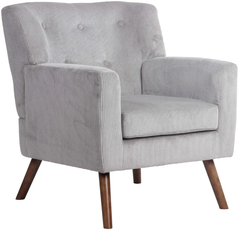 Fauteuil élégant en velours côtelé gris avec dossier à boutons capitonnés pieds en bois 10_0008228