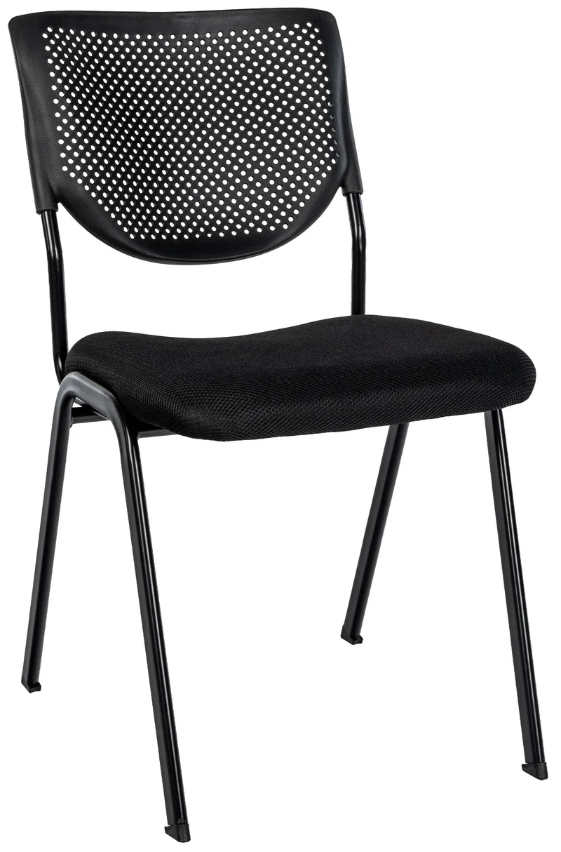 Chaise visiteur empilable noire avec dossier perforé et assise tissu noir cadre en métal 10_0008269