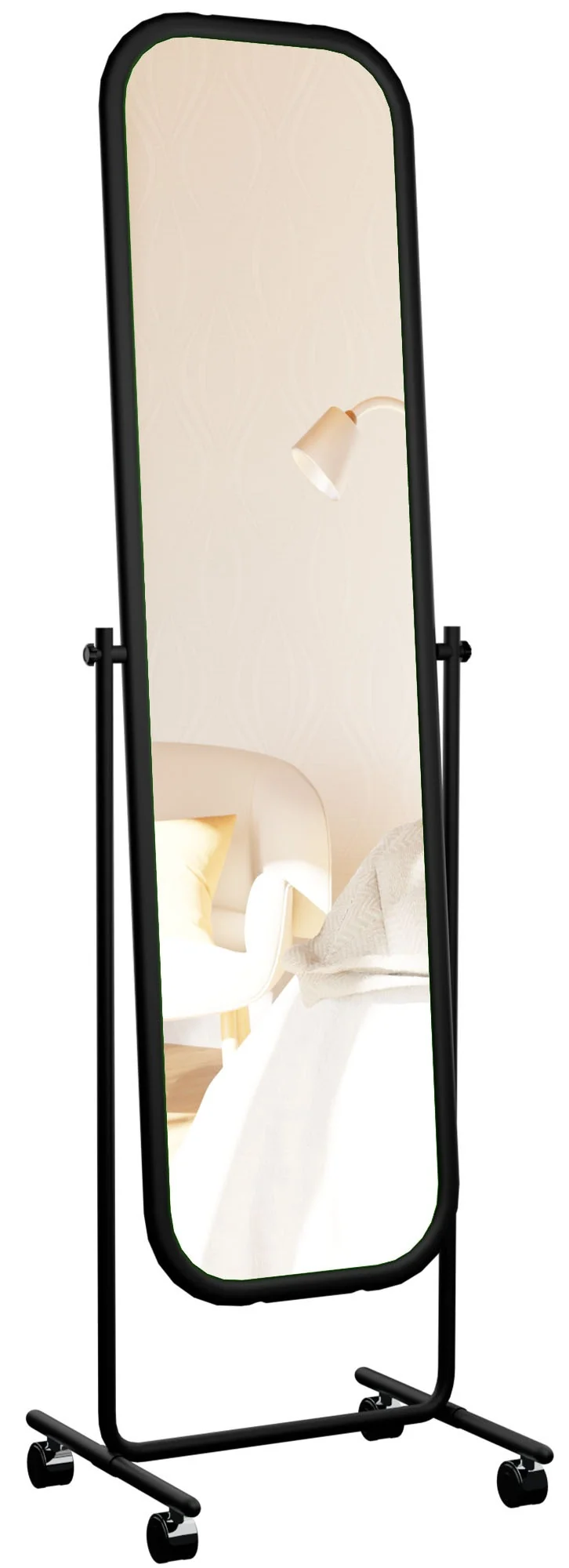 Miroir sur pied rectangulaire à angles arrondis 166 × 48 cm avec roulettes pivotant à 360° cadre métal noir 10_0008353