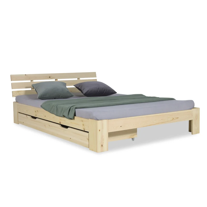 Lit double 140x200 cm avec tiroir de rangement et sommier à lattes cadre en bois de pin clair LIT06226