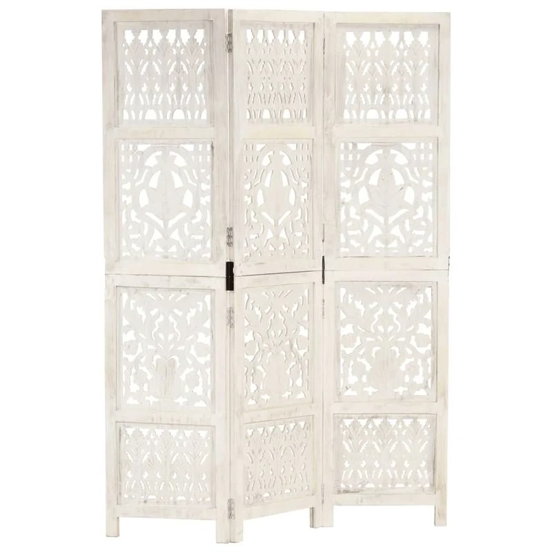 Paravent séparateur de pièce cloison 3 panneaux 120 x 165 cm bois manguier blanc DEC030734