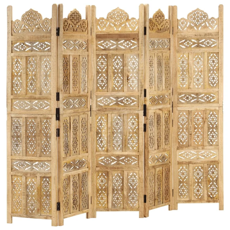 Paravent séparateur de pièce cloison 5 panneaux motifs sculptés à la main 200 x 165 cm bois de manguier marron DEC030926