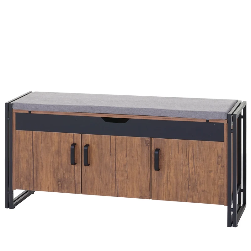 Banquette commode à chaussures avec sièges avec coussins 53x110x30cm en métal aspect chêne sauvage 04_0001148