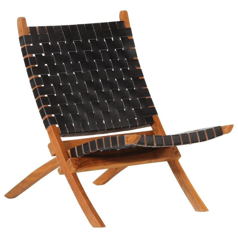 Chaise de relaxation pliable en cuir véritable noir cadre en bois d'acacia DEC026282