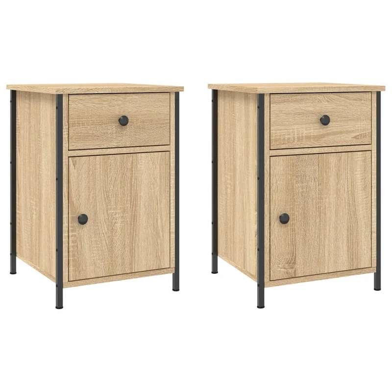 Lot de 2 tables de chevet avec tiroir et compartiment avec porte 40 x 42 x 60cm bois d'ingénierie couleur chêne et fer DEC035889
