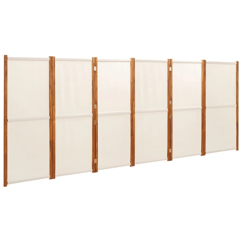 Paravent séparateur de pièce cloison 6 panneaux 420 x 180 cm textilène crème et bois DEC031070
