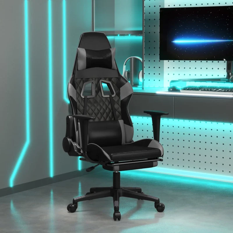 Fauteuil de bureau chaise gaming sur roulettes avec repose-pied noir et gris PVC gris DEC025780