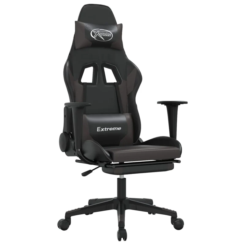 Fauteuil de bureau chaise gaming sur roulettes avec coussin lombaire et repose-pieds en PVC gris et noir DEC025881