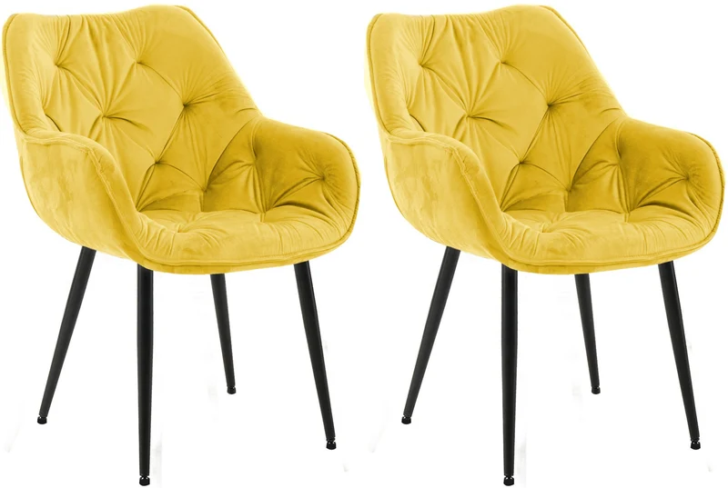 Lot de 2 chaises de salle à manger coutures décoratives en velours jaune et pieds en métal noir 10_0007559