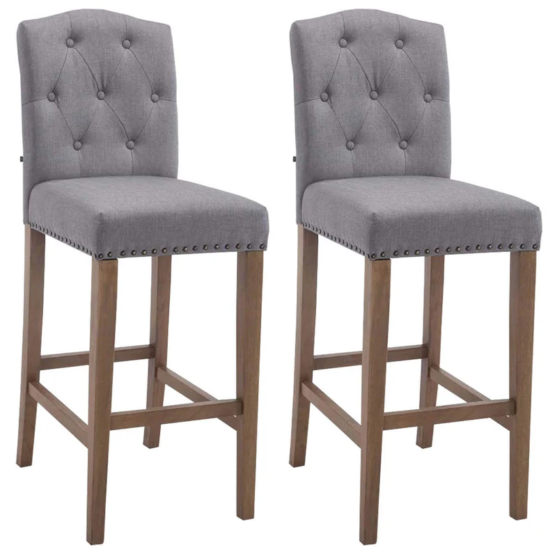 Lot de 2 tabouret de bar capitonné style baroque en tissu gris clair pieds en bois clair 10_0000790