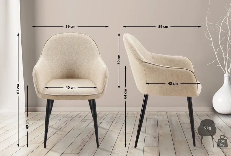 Lot de 2 chaises de salle à manger moderne et confortable en tissu taupe et pieds en métal noir 10_0007409