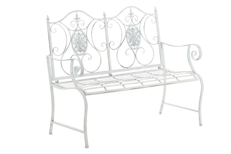 Banc de jardin balcon terrasse style rustique largeur 116 cm en métal blanc vieilli 10_0002924