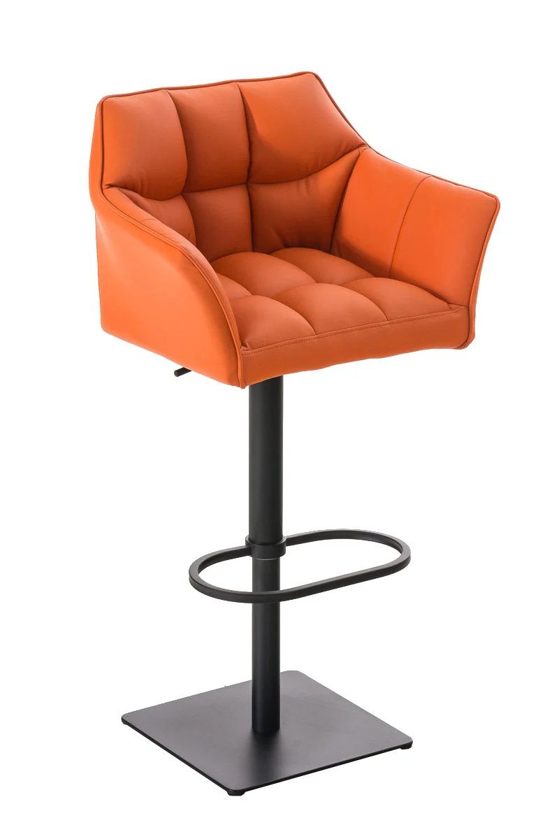 Tabouret de bar chaise haute de comptoir couture carrées assise en PVC orange cadre en métal noir 10_0004677