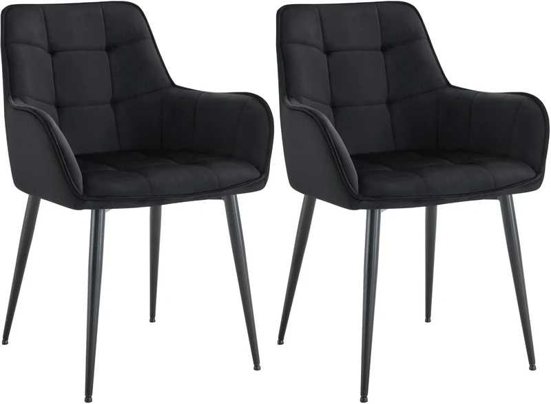 Lot de 2 chaises de salle à manger avec accoudoirs en velours noir capitonné cadre métal noir 10_0007564