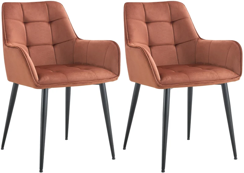 Lot de 2 chaises de salle à manger avec accoudoirs en velours marron capitonné cadre métal noir 10_0007498