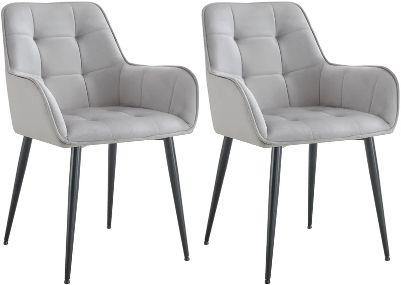 Lot de 2 chaises de salle à manger avec accoudoirs en velours gris clair capitonné cadre métal noir 10_0007494